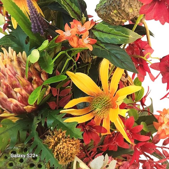 Artificial Floral Arrangement In Fishing Creel Basket With Vibrant Red Purple & - Picture 8 of 15